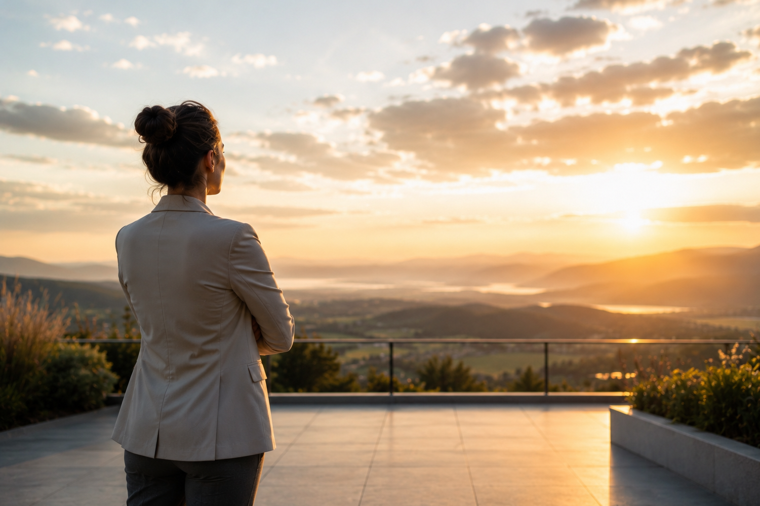 Woman sitting in quiet reflection on a wooden dock at sunrise